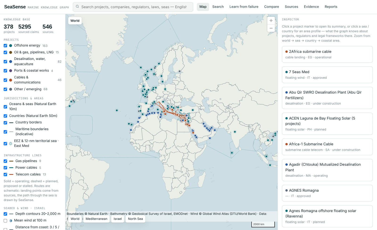 SeaSense project map showing marine projects worldwide